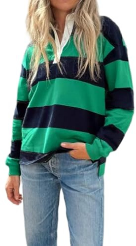 Women Striped Rugby Polo Shirt Y2k Oversized Lapel Collared Pullover Tops Loose Fit Button Up Long Sleeve Shirts (g Navy Blue, S)