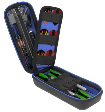 USA Gear Dart Case Holster - 3 Dart Case for Soft Tip Darts with Storage for Plastic Tips, 12 Flight Slots, Shafts & more Accessories - Locking Foam Design, Zippered Puncture Resistant Pocket (Blue)