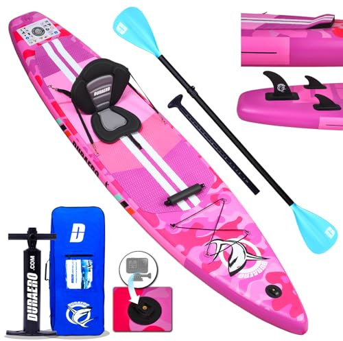 Stand up Paddle Board Aufblasbare SUP Board Set,330x76x15cm,inkl. Kajak Sitz,Cam Halterung,Integrierte Kick-Pad,Verstellbares Doppel-Paddel,3 Finne,Komplettes Zubehör,Tragkraft bis 150Kg,Pink