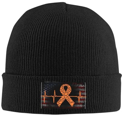 Orange Ribbon Kidney Cancer Awareness Heartbeat Beanie Hats Chunky Winter Warm Knit Hat for Men Women