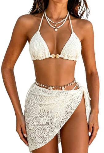 Conjunto de bikini para mujer con cuello en V, diseño floral, tirantes profundos, ribete de encaje, parte superior de baño transpirable de tela con falda, traje de baño multifuncional