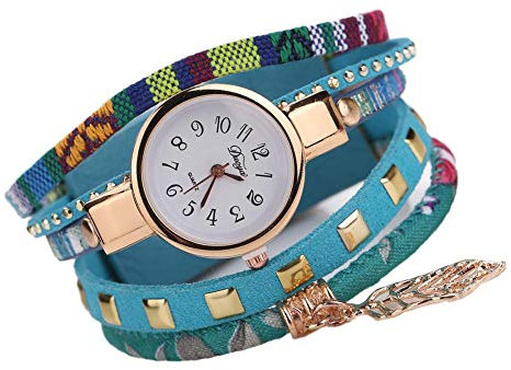 Walfront Montre pour Femme avec Pendentif Feuille Tressée Montre Ronde Montre Bracelet Cuir Montres pour Les Femmes