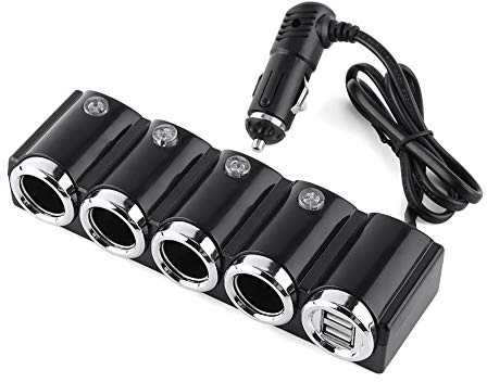 Car DC 12V/24V USB 4 Way Car Cigarette Lighter Socket Splitter USB Car Adapter with 2 USB Ports for Smartphone, GPS, PDA, Dash Cam, etc.