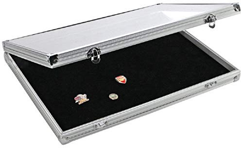 SAFE 5882 Vitrine Aluminium pour Pins & Minéraux – Présentoir Mural ou de Table – Couvercle Transparent – Plateau en Velours Noir – 395 x 300 x 45 mm