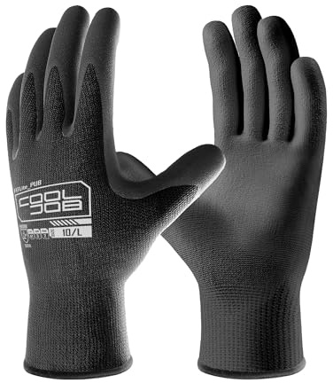 COOLJOB 12/60 Pairs Safety Work Gloves Pack Bulk with Grip PU Coating, 13 Gauge Seamless Knit Gloves with Polyurethane Dipped for Warehouse Working, Breathable Lightweight for Men Women, Black Large