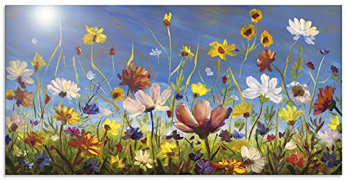 ARTland Wanddeko Glasbilder Wandbild Glas Bild einteilig 100x50 cm Querformat Blumenwiese Frühling Blumen Blüten Natur Himmel Bunt U1QU