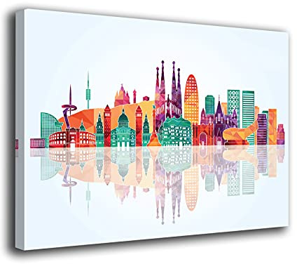 Desconocido Cuadro Lienzo Canvas Skyline Barcelona Colores monumentos – Varias Medidas - Lienzo de Tela Bastidor Madera de 3 cm - Impresion Alta resolucion (120, 93)