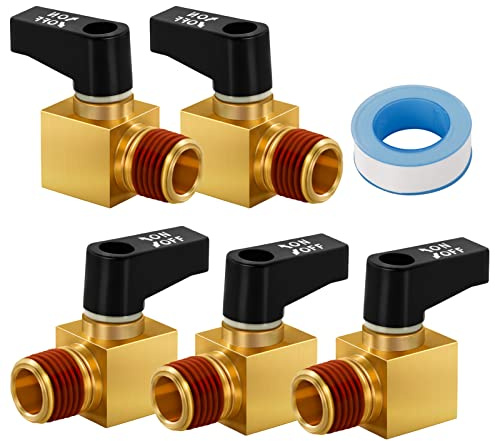 5-Pack Ball Drain Valve SUNROAD Brass Mini Ball Valve, 1/4 Inch NPT Male for Air Compressor with Thread Seal Tape