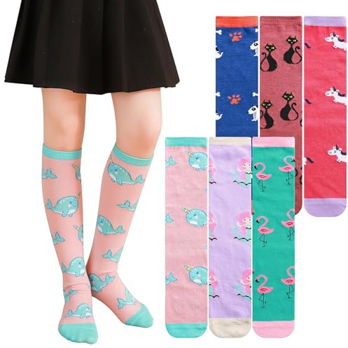 XEPST 6 Pares De Calcetines Hasta la Rodilla para Niñas - Dibujos Animados, Bota De Algodón a Media Pierna para 3 a 12 Años - Talla Única
