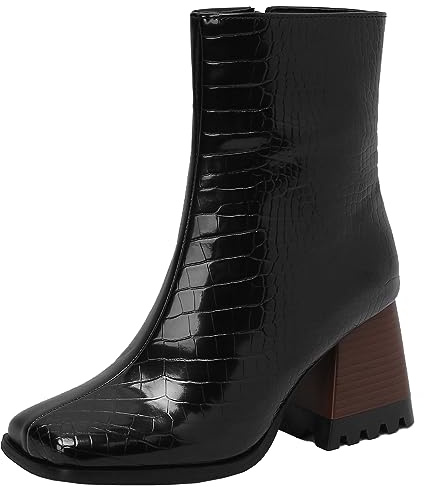 CuteFlats Botines de tacón grueso para mujer con punta cuadrada para otoño/invierno, Negro , 34 EU