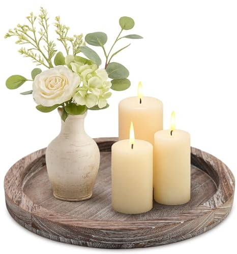 Round Wood Decorative Tray for Coffee Dining Table Centerpiece Accessories | Wooden Trays for Display Candle Holders Farmhouse Kitchen Home Decoration Living Room Decor Accessories Bathroom Vanity Tray