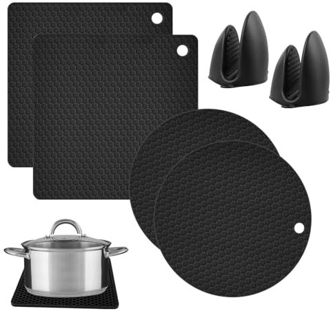 PBUSPU Juego de 6 Posavasos de Silicona para Ollas, Resistente al Calor hasta 240.0 °C, Un par de Guantes de Silicona Antideslizante, Flexible Duradero Apto para Lavavajillas Negro