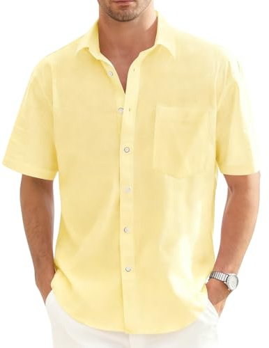 VDDTAGAM Chemise Été Homme Manches Longues/Courtes en Lin Sans Repassage - Blanche/Jaune (XL)