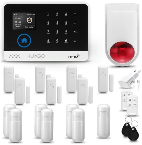 HUXGO® HXA003 Alarmanlage Haus WiFi + GSM 4G mit Funk Sirene Solar | Alarmanlage Wohnung mit App. TUYA | Alarm System mit 7X Bewegungsmelder, 7X Tür- Fenstersensor| Wohnmobil Alarmanlage
