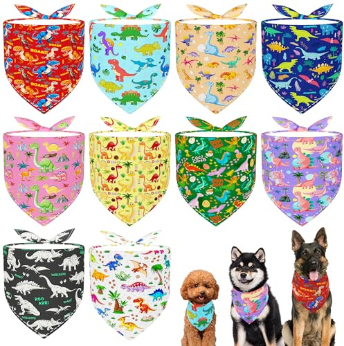 JpGdn 10PCS Dinosaur Dog Bandanas Pack for Large Breed Dog XL XXL Pink Purple Yellow Blue Kerchief Triangle Bibs Scarves for Boys and Girls Grooming Costume