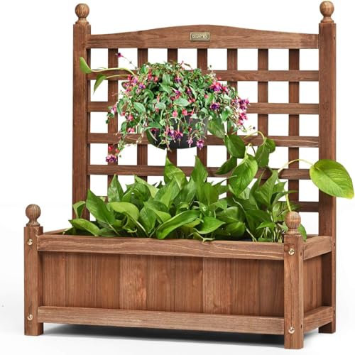 FANTASK Blumenkasten mit Rankgitter, Pflanzkasten Holz, Hochbeet mit Spalier, Blumenkübel Rankhilfe, Gartenspalier Rankkasten für Kletterpflanze