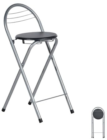 GOKHOMX Barhocker, faltbar, tragbar, zusammenklappbar, mit Rückenlehne, Klapphocker, für Bistro, Küche, Terrasse, Außenbereich, Sitzhöhe 61 cm, Schwarz und Silber