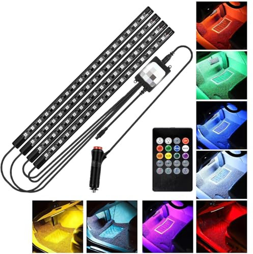 Car LED Strip Light - Car LED Interior Lights - 8 Colors Waterproof RGB Vehicle Interior Lighting with 72 LEDs - 4 in1 Sound Sensor and Remote Control - Cigarette Lighter Plug Ambient Lighting Cars