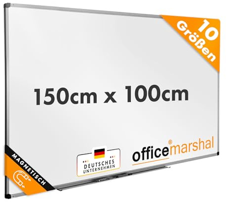 OfficeMarshal Magnetisk whiteboard 150 x 100 cm med aluminiumram och avtagbar pennhylla för kontor, hem och skola, magnetisk tavla reptålig och kan torkas av | magnetbräda