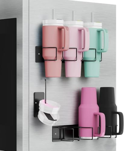 Gzsekken Magnetic Cup Holder,Magnetic Shelf Fridge for Stanley 40 Oz Metal Mug Rack for Cabinet Organizer with 4 Cup (Black) (Black, 6-CUPS)