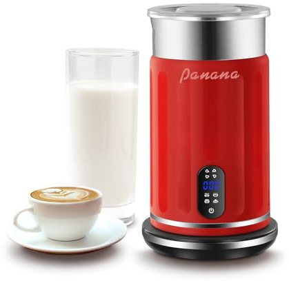 Panana Elektrische Milchaufschäumer 4 in 1 - Automatische Milchaufschäumer, Milchdämpfer mit einem Fassungsvermögen von 320 ml, Milchwärmer mit Temperaturanzeige und Heiz- und Kühlluft (rot-01)