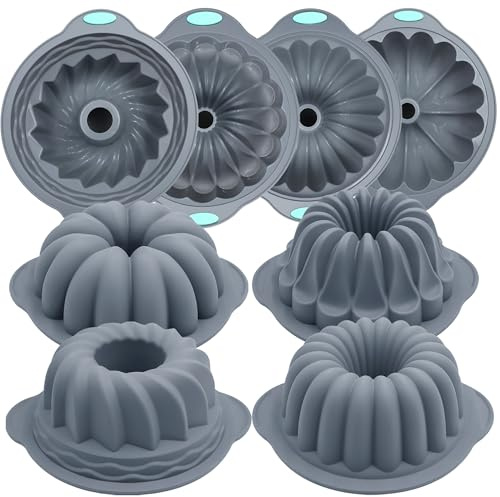 Tongjude 4 Pieces Silicone Fluted Tube Cake Pans, Jello Mold, 10 Cups | Easy Release Non-stick Silicone Cake Mold, Silicone Baking Pan for Homemade Cake, Bread, Pudding, Muffin and Jello, Grey