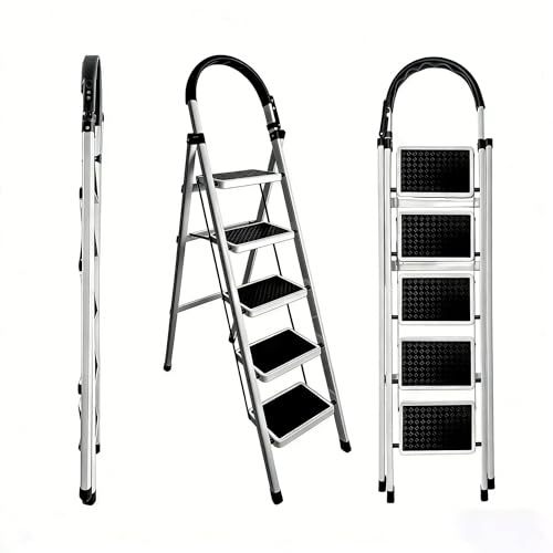 Trittleiter 5 Stufen klappbar Leiter 5 Stufen Stufen Stehleiter Step Ladder 3 Step Folding mit Handläufen,Haushaltsleiter Tritthocker bis 150kg Belastbar,Weiß