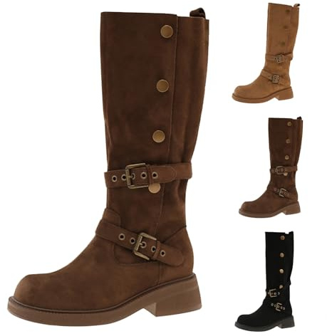 Bottines hautes élégantes vintage pour femme Chaussures militaires à talon large Tige large Bottine antidérapante Originales Boots en daim avec boucle pour l'hiver, l'automne et le printemps, marron