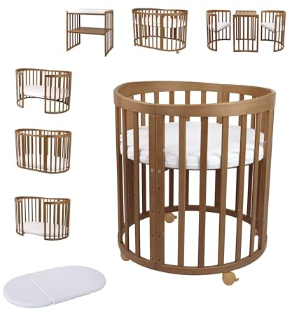 Waldin OWAL Baby Bed 7in1, Lit à Barreaux avec Matelas, avec Commode à Langer, Lit Évolutif Bébé Ovale avec Matelas et roulettes, Bois Vintage