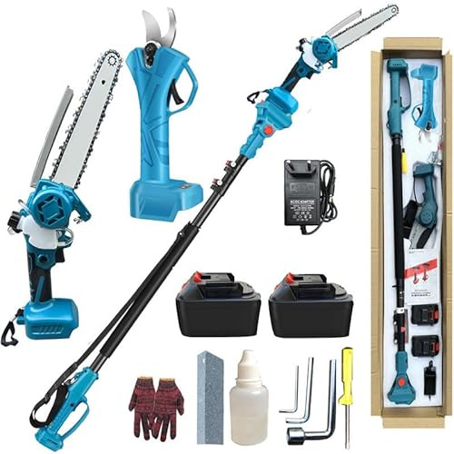 Cordless Chainsaw, 4-in-1 Electric Chain Saw Pruning Shears 2x3.0Ah Batteries Charger, 8 Pole Saw Long Reach for Tree Branch Trimming Pruning Cutting