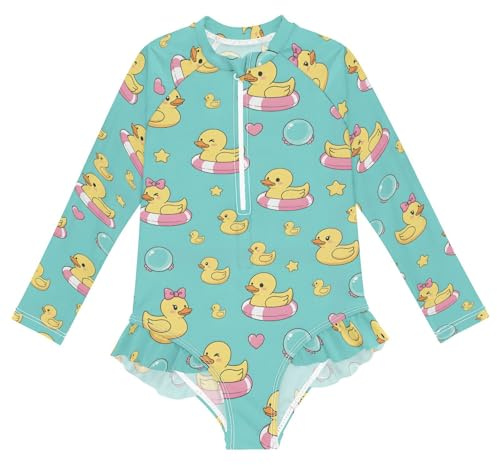 SLHKPNS Long Sleeve Girls Bathing Duck Float Hearts Stars Rash Guard Suits One Pieces Swimsuit Toddler Zipper Swimwear Size 4