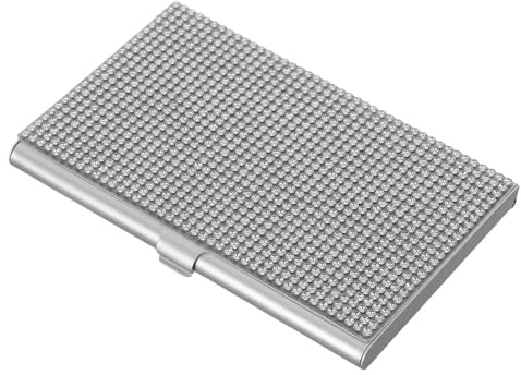 OSALADI Estuche para Tarjetas de Visita de Aleación de Aluminio, Ultradelgado con Gemas de Imitación, Plateado, Portátil y Resistente, Organizador Profesional para Oficina y Negocios