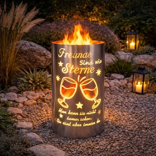 TiKo-Design® Feuertonne aus Stahl Feuerkorb mit Spruch Freunde sind wie Sterne Feuerstelle Outdoor Garten Terrasse Dekoration