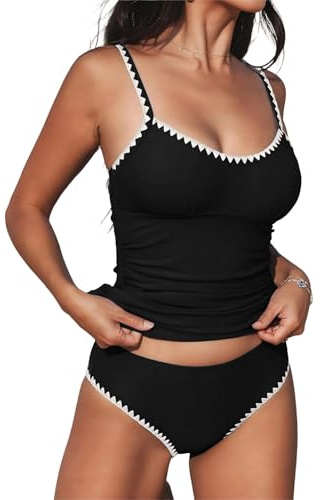 NLAND Badbyxor Dam 2 Stycken Tankini Push Up V-hals Hög Midja Badkläder Kugghjulsmönster Set Solid Tvådelad
