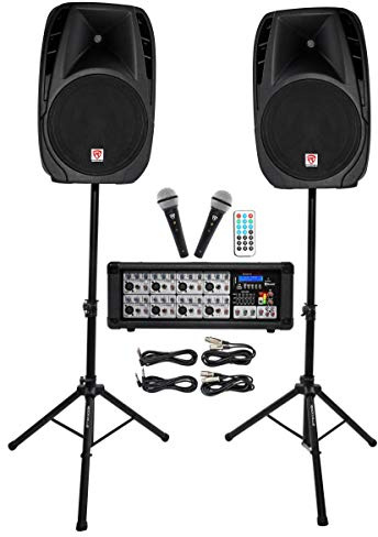 Rockville RPG2X15 Bundle: (2) 15 in Passive PA Speakers, 8-Channel Powered Mixer, Bluetooth, USB/SD, (2) Tripod Stands, (2) Wired Microphones, (2) 10 ft Speaker Cables, 9-Items