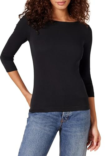 Amazon Essentials Damen T-Shirt mit Bateau-Ausschnitt und 3/4-Ärmeln in schmaler Passform, Schwarz, L