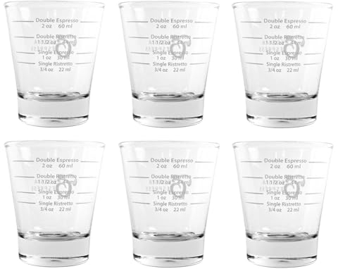 White Lined Espresso Shot Glass Measure for Coffee Espresso Machines - 85ml - by EDESIA ESPRESS - 6 Pack