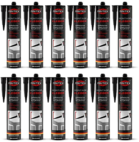 PRITEX – Profi Montagekleber Weiß 12x 300 ml – Baukleber für Holz-Paneele, Kabelkanäle, Sockelleisten, Styropor, Fliesen, Beton uvm. – haftstarker Universalkleber auf Acrylatdispersion-Basis für innen