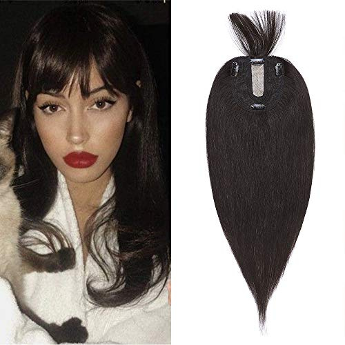 Silk-co Hair Topper Capelli Veri con Frangia Clip Extension Capelli Umani 40g 10 * 12cm Soft Base Toupet Donna Frangetta 30cm - 1B Nero Naturale