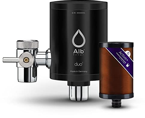 Alb Filter® Duo Active Plus+ Trinkwasserfilter | Armatur Anschluss | Filtert Bakterien, Schadstoffe, Chlor, Pestizide, Mikroplastik. | Set mit Gehäuse und Kartusche | Made in Germany Edelstahl Schwarz