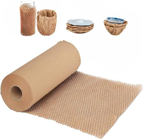 Honeycomb Packing Paper, 15x300' Honeycomb Cushioning Bubble Wrap Paper Roll for Moving Shipping Breakables Packaging Gifts with 20 Fragile Sticker Biodegradable & Fully Recyclable Brown Kraft