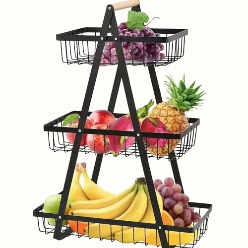 3 tier Obst Etagere Obstschale, Obstschale Abnehmbar Etagere Obst, Obstkorb für die Küche, Gemüse, Snacks, Obstständer mit Holzgriff, Obsthalter für Küche, Esstisch, Speisekammer, Schrank(Schwarz)