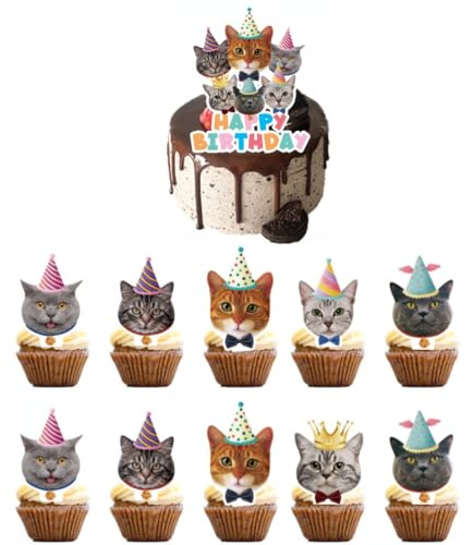 Topper de Gâteau,Chaton de Dessin Animé Cupcake Toppers Drapeau des Cure-Dents 25 Pièces Décorations de Gâteau d'anniversaire pour Les Enfants Anniversaire Bébé Douche Fête de d'anniversaire Mariage