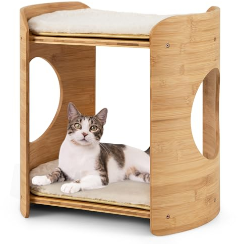 COSTWAY Katzenbett 2 Etagen Bambus, Katzenschlafplatz mit abnehmbaren Plüschmatten & 2 Katzenlöchern, Katzenhaus mit 2 Betten, Katzenmöbel Katzen, Katzenhöhle Indoor, Natur+Beige, 40 x 33 x 41 cm