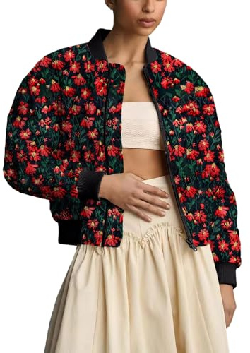 Shiyifa Women's Embroidered Daisy Cropped Bomber Jacket Long Sleeve Quilted Puffer Jackets Padded Coat Outerwear(Black-Red-L)