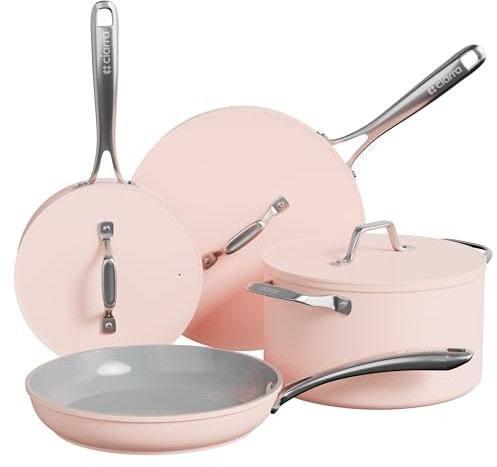 CIARRA Beyond Cookware - Juego de ollas y sartenes antiadherentes para inducción con tapas con horno holandés de 24 cm, sartén de 26 cm, sartén de 28 cm, cacerola de 20 cm, color rosa