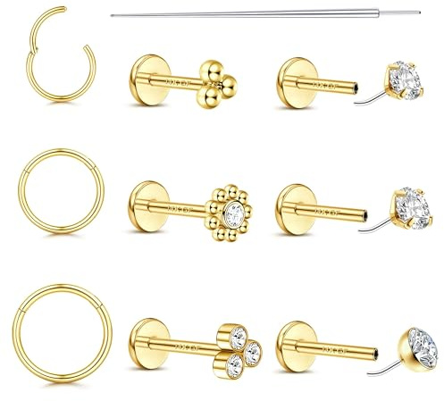 Morfetto Hypoallergena Piercing Öra Piercing Tragus Helix Läppstift Kirurgiskt Stål - 18G 20G Näspiercing Guld Kvinnor Läppring Silver CZ Brosk Labret Conch Smycken 6/8/10 mm, Rostfritt stål