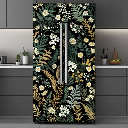 GOMAKERER 2 Pcs Fern Leaves Pattern Removable Refrigerator Wraps, Self-Adhesive Fridge Door Mural Vinyl Freezers Panel Cover Sticker for Kitchen Bar Decor, 41.5x200cm