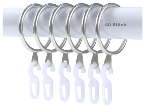 40 Stück Silber Vorhangringe mit 40 Stück Gardinenhaken, 30 mm Durchmesser –Robustes Metall Duschvorhang Gardinenringe für Fenster Tür Duschvorhang Heimdekoration