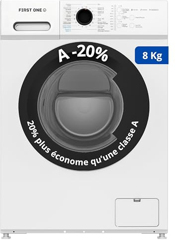 Lave-linge frontal FIRST ONE FLL81400WH - 8 Kg - 1400 tr/mn - 16 programmes - Eco - Intensif - Rapide – Très Faible conso - Classe A-20%